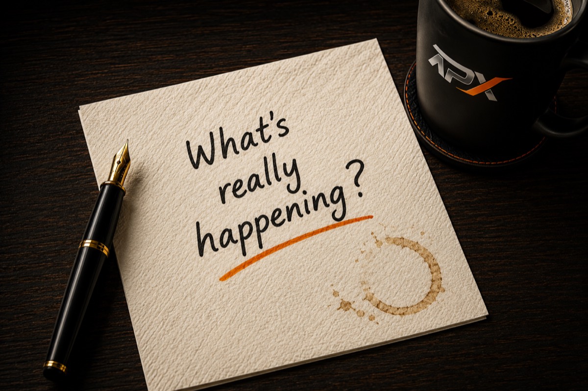 APX napkin on a desk with coffee and pen, handwritten: What's really happening?