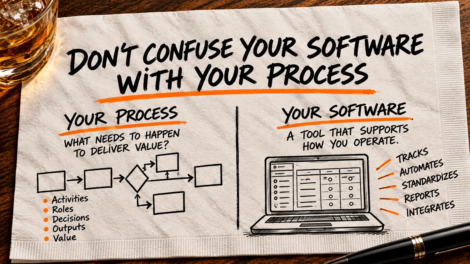Cream cocktail napkin on a dark wooden table with a whiskey glass and pen, comparing a process-flow diagram to a software laptop sketch under the heading Don't Confuse Your Software with Your Process.