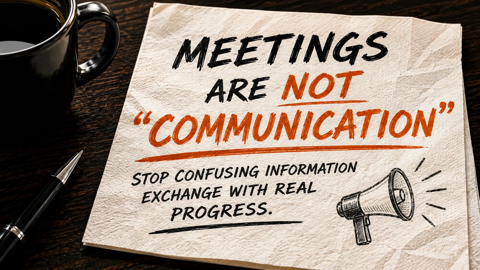 Napkin on a dark wooden table reading Meetings Are Not Communication beside a coffee mug and pen.