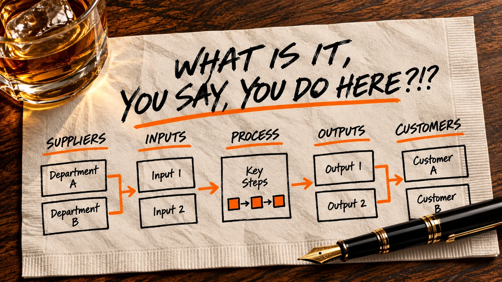 Napkin on a dark wooden table with a drink and fountain pen, sketching a SIPOC diagram under the heading What is it, you say, you do here?!?