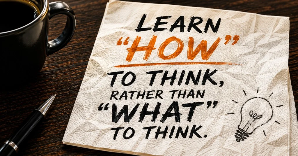 Napkin on a desk with coffee and pen, handwritten: Learn HOW to think, rather than WHAT to think.