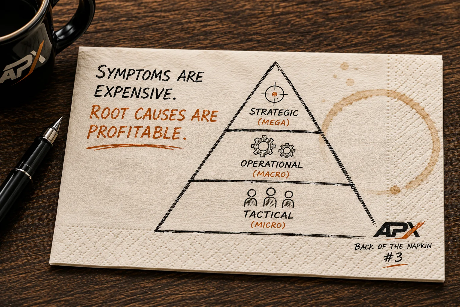 Back of the Napkin illustration: symptoms are expensive, root causes are profitable.